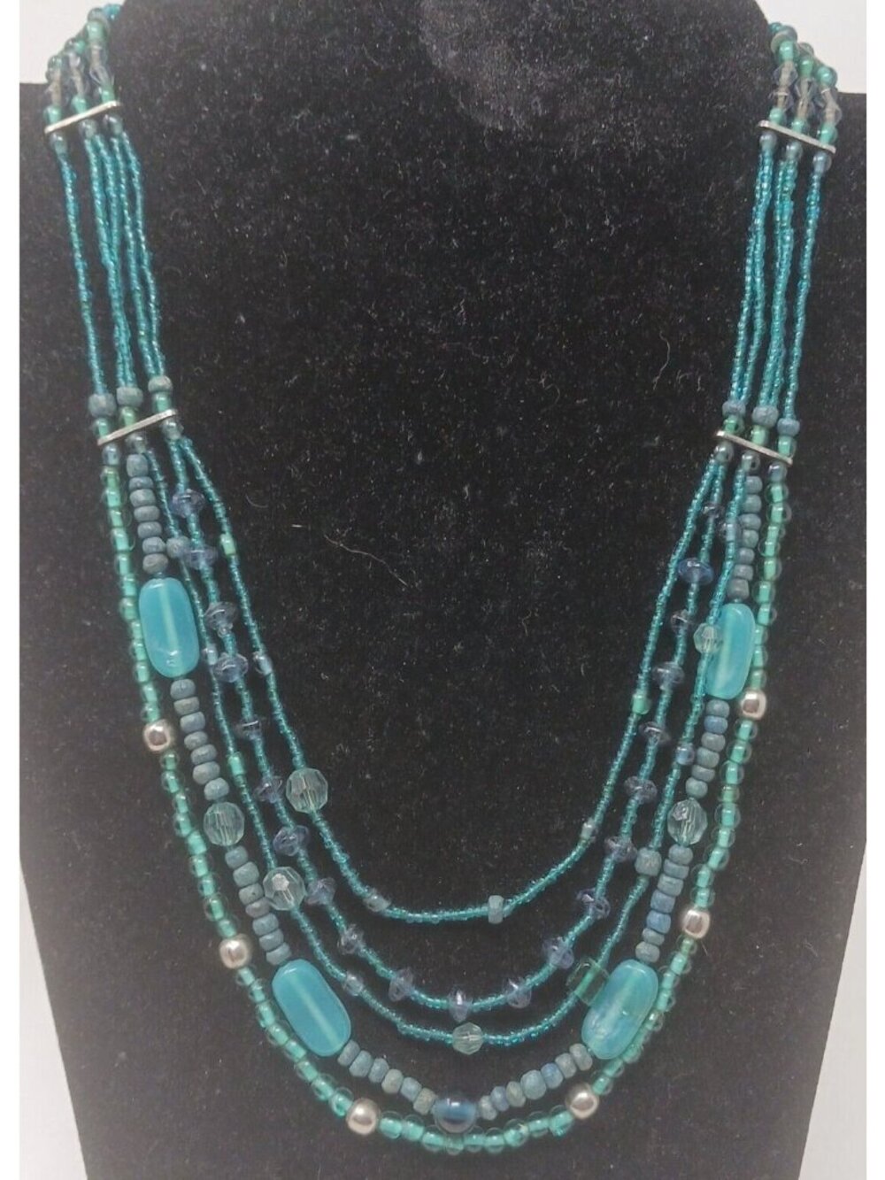 Layered 5-Strand Blue Bead Necklace 21-24.5 SilverTone Glass Wood Metal Resin G7